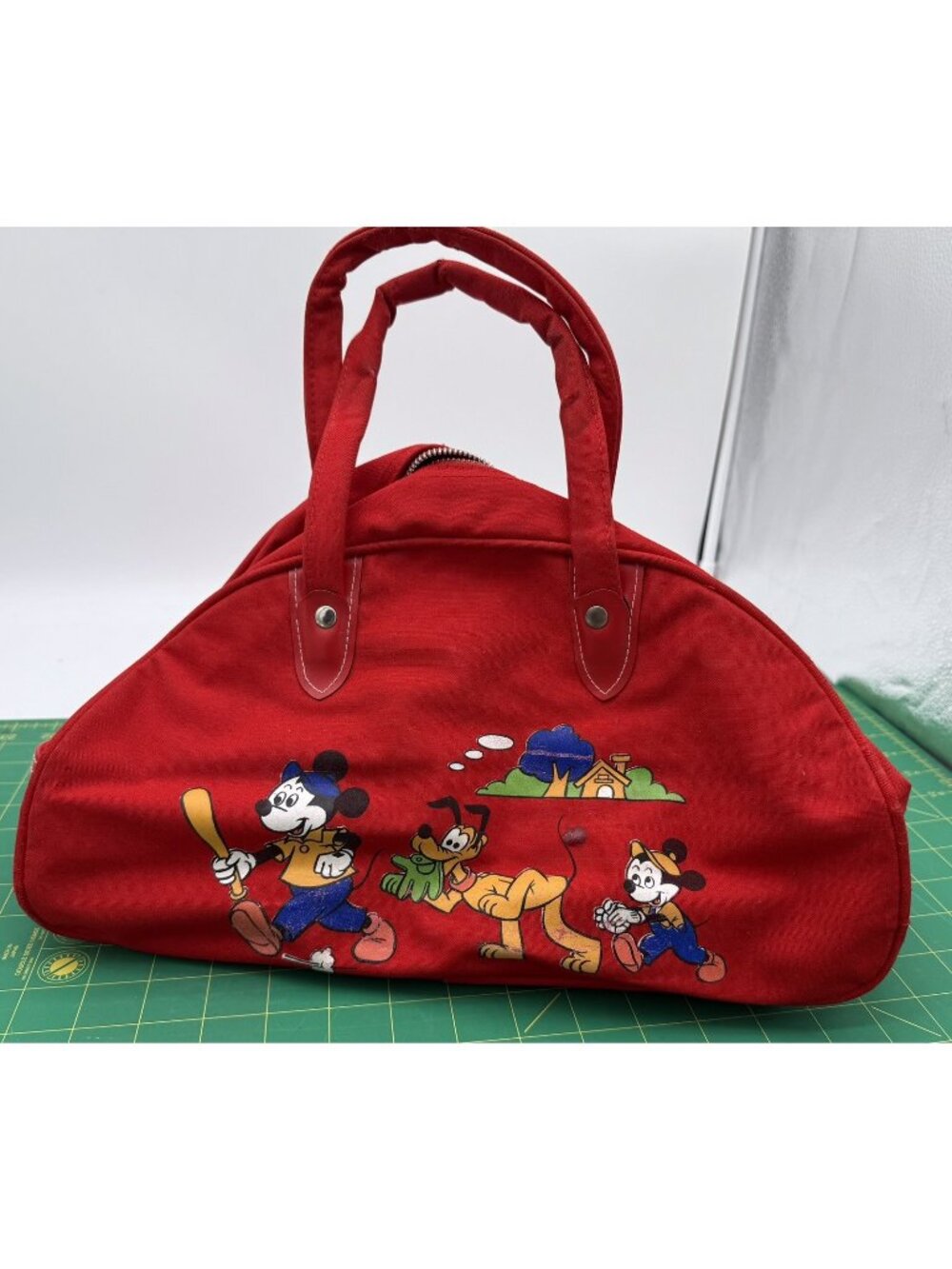 Vintage Walt Disney Productions Mickey Mouse Pluto Nephew Red Duffel Bag